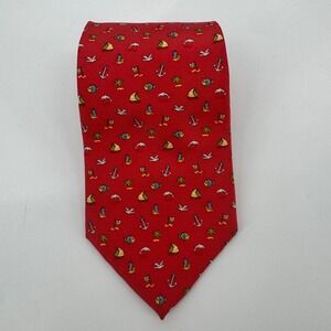 Salvatore Ferragamo Red Silk Nautical Tie Dolphins Anchors Lighthouses Italy